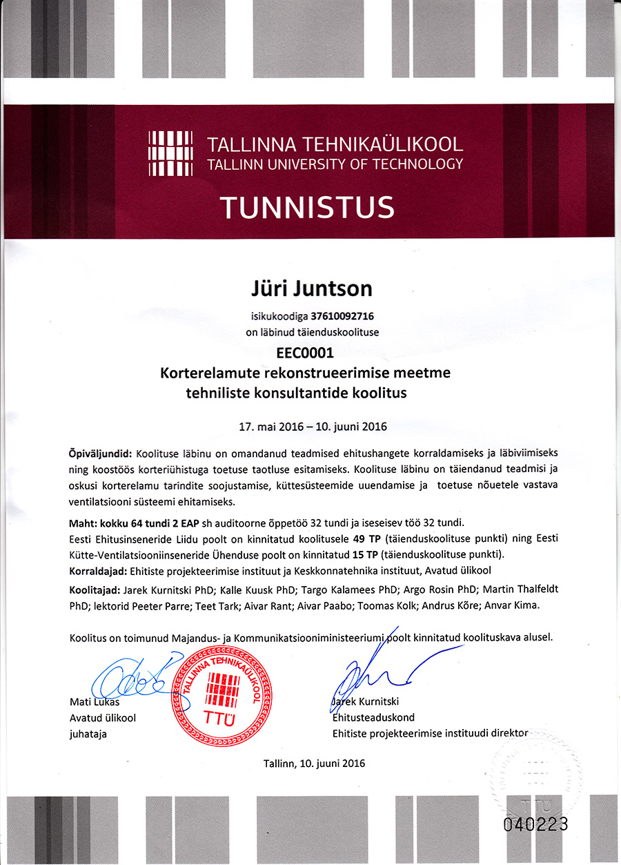 KredEx’i poolt akrediteeritud Korterelamute rekonstrueerimise tehniline konsultant
